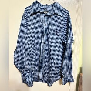 Kenneth Cole Reaction Men Gingham Check Blue Button-Up Shirt Size 17 Long Sleeve